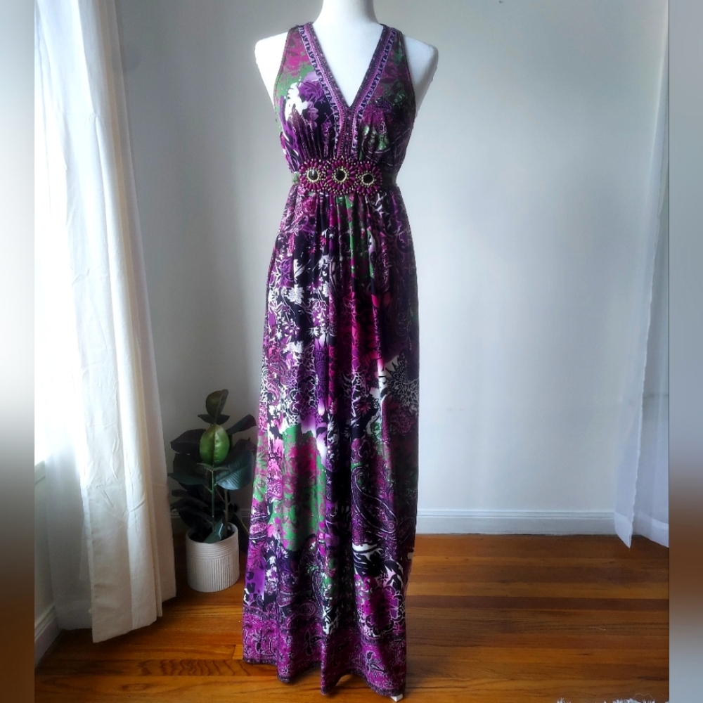 Ice Purple, Pink & Green Floral V-Neck Maxi Dress - Picture 1 of 4